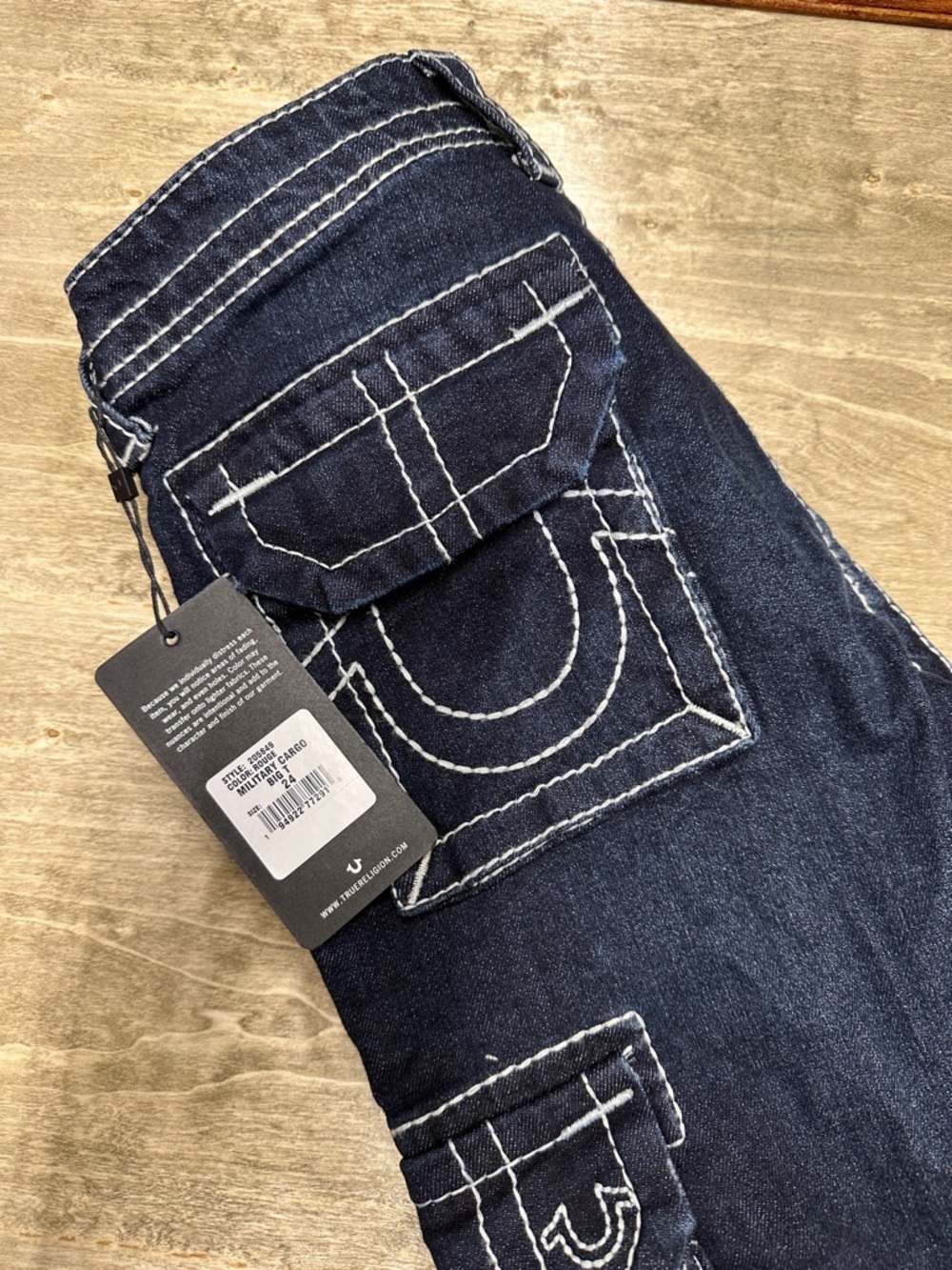 True ReligionDark Blue Denim Military CargoJeans with Contrast Stitching